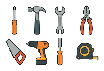 Colorful collection of hand tools with hammer, screwdriver, wrench, drill, saw