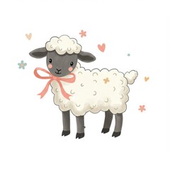 Charming illustration of a fluffy lamb with a pink bow, perfect for children’s designs, Easter, or baby shower themes.
