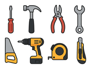 Colorful hand tools set: screwdriver, hammer, pliers, wrench, saw, drill, tape measure, cutter