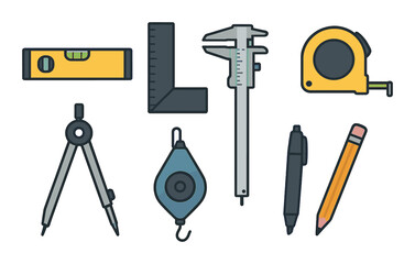 Collection of hand tools featuring ruler, compass, and tape measure for accurate measurement