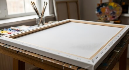 An empty primed canvas, ready for an 's vibrant creation, sits on a wooden  table.