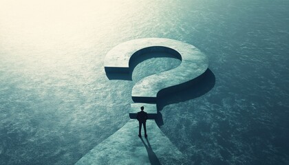 Businessman Making A Strategic Business Decision Standing On A Giant Question Mark, Symbolizing Future Opportunities, Planning, And Vision.
