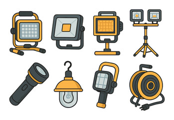 Set of various portable and mounted industrial lighting equipment