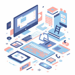 Modern digital technology ecosystem concept featuring interconnected devices, data, and web development services rendered in a minimalist isometric geometric vector illustration