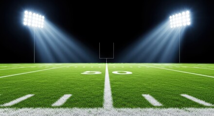 Empty american football field illuminated by bright stadium lights at night