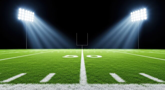 Empty american football field illuminated by bright stadium lights at night