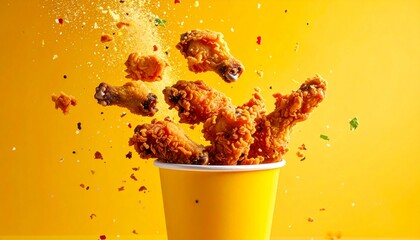 A yellow cup overflowing with fried chicken drumsticks, with some pieces and seasoning exploding outwards. The background is a solid yellow color.