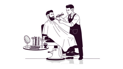 Vintage illustration of a barber meticulously trimming a client s beard and hair with clippers in a classic barbershop setting