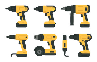 Collection of yellow cordless power drills on dark background