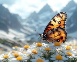 A vibrant orange butterfly rests on white alpine flowers with snow capped mountains in the background
