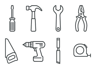 Monochrome outline of various hand tools on dark background