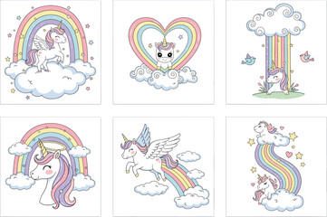 Whimsical unicorn and rainbow vector set in pastel colors featuring magical clouds, stars, hearts, and fantasy flying winged unicorn designs
