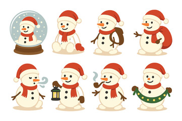 Cheerful cartoon snowmen with accessories on warm background