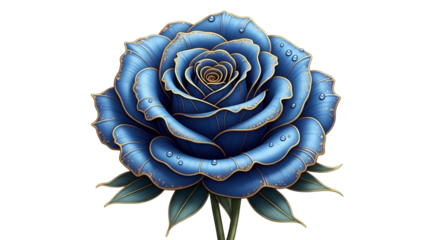 Single blue rose with golden outline and water droplets isolated PNG with Transparent Background