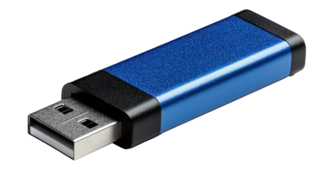 "Blue and Black USB Flash Drive Close-Up on Isolated Background" - Powered by Adobe