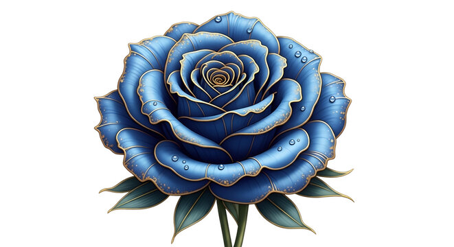 Single blue rose with golden outline and water droplets isolated PNG with Transparent Background