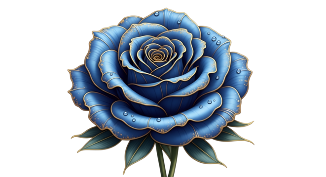 Single blue rose with golden outline and water droplets isolated PNG with Transparent Background