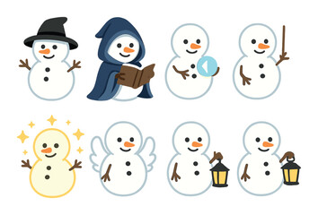 Cartoon snowmen with costumes and accessories