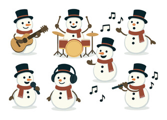 Cheerful snowman band with musical instruments and notes