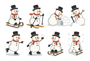 Playful cartoon snowmen engaging in various winter activities and sports