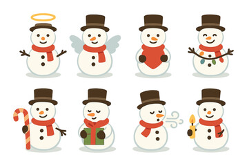 Festive snowmen with accessories: candy, gifts, angel wings, and hearts