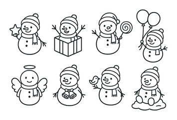 Cartoon snowmen: holiday characters enjoying winter activities and cheerful expressions