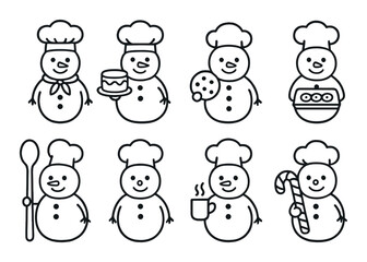 Cute snowman chefs with cooking utensils and food items in monochrome illustration