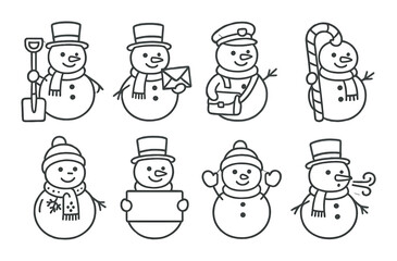 Festive cartoon snowmen with hats and scarves in various poses