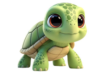 Cute Cartoon Turtle with Big Eyes Isolated on Black Background
