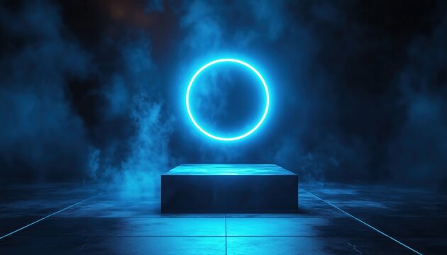 Illuminated Circle On The Floor: Blue Glowing Ring And Neon Pedestal. A Stunning Display Of Bright Colors And Captivating Light.