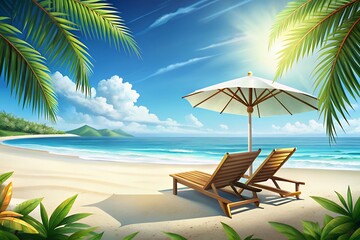 Obraz premium Tropical paradise beach with lounge chairs and umbrella under sunny skies