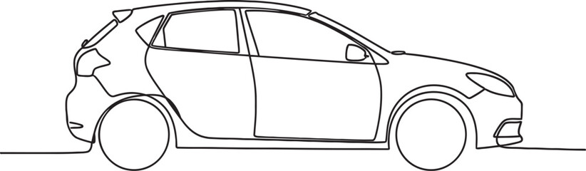 A minimalist continuous oneline drawing of a modern hatchback car in side profile view