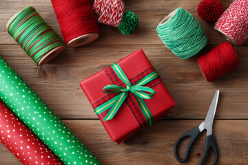 A red box with a green ribbon sits on a wooden table next to green