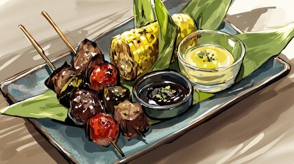 A plate of food with kebabs, sausages, and corn 