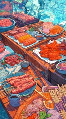 A plate of grilled meat, sausages, and corn on sticks