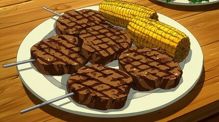 A plate of grilled meat, sausages, and corn on sticks