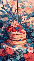 A stack of waffles with blueberries and cream