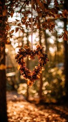 A heart-shaped wreath made of autumn leaves