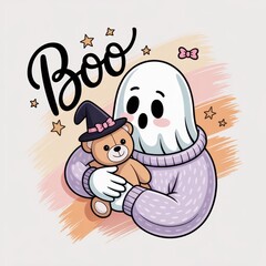 A cute ghost wearing a sweater hugs a teddy bear, accompanied by the playful text 
