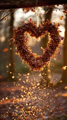 A heart-shaped wreath made of autumn leaves