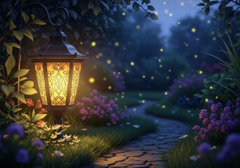 A lantern illuminating a garden path at night with fireflies, creating a magical and romantic atmosphere