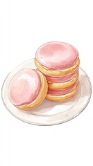 A pink doughnut with frosting and a stack of two smaller