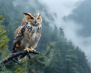 A majestic owl with bright yellow eyes perches on a pine branch overlooking a serene misty mountain forest landscape