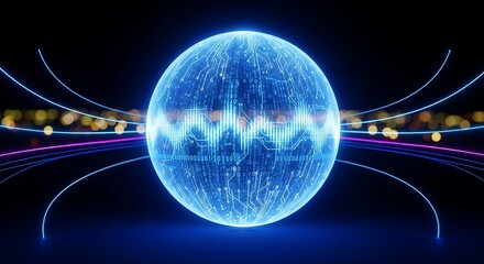 A glowing, translucent sphere, outlined with digital circuit designs and binary code, floats amidst a backdrop of dynamic lines and city lights, conveying a sense of digital connectivity and global...