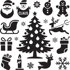 A collection of black silhouette Christmas icons on a white background.