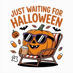 A cartoon pumpkin in sunglasses enjoys a drink, lounging in a chair with Halloween decorations, promoting a fun, festive vibe for the holiday.