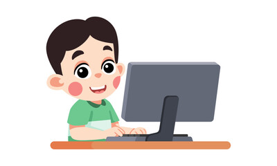 Boy using computer, cartoon illustration of a child at a desktop computer.