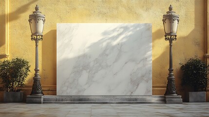 Elegant blank marble backdrop with antique streetlights and greenery for product display