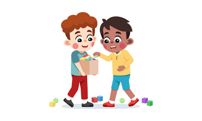 Two young boys sharing toys from a box, illustrating friendship and play.