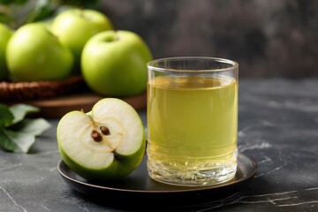 Apple juice in a glass next to a halved apple on a plate